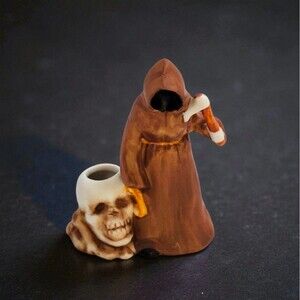 Vintage Freelance Inc Grim Reaper Skull Ceramic Taper Candle Holder #4224 Small